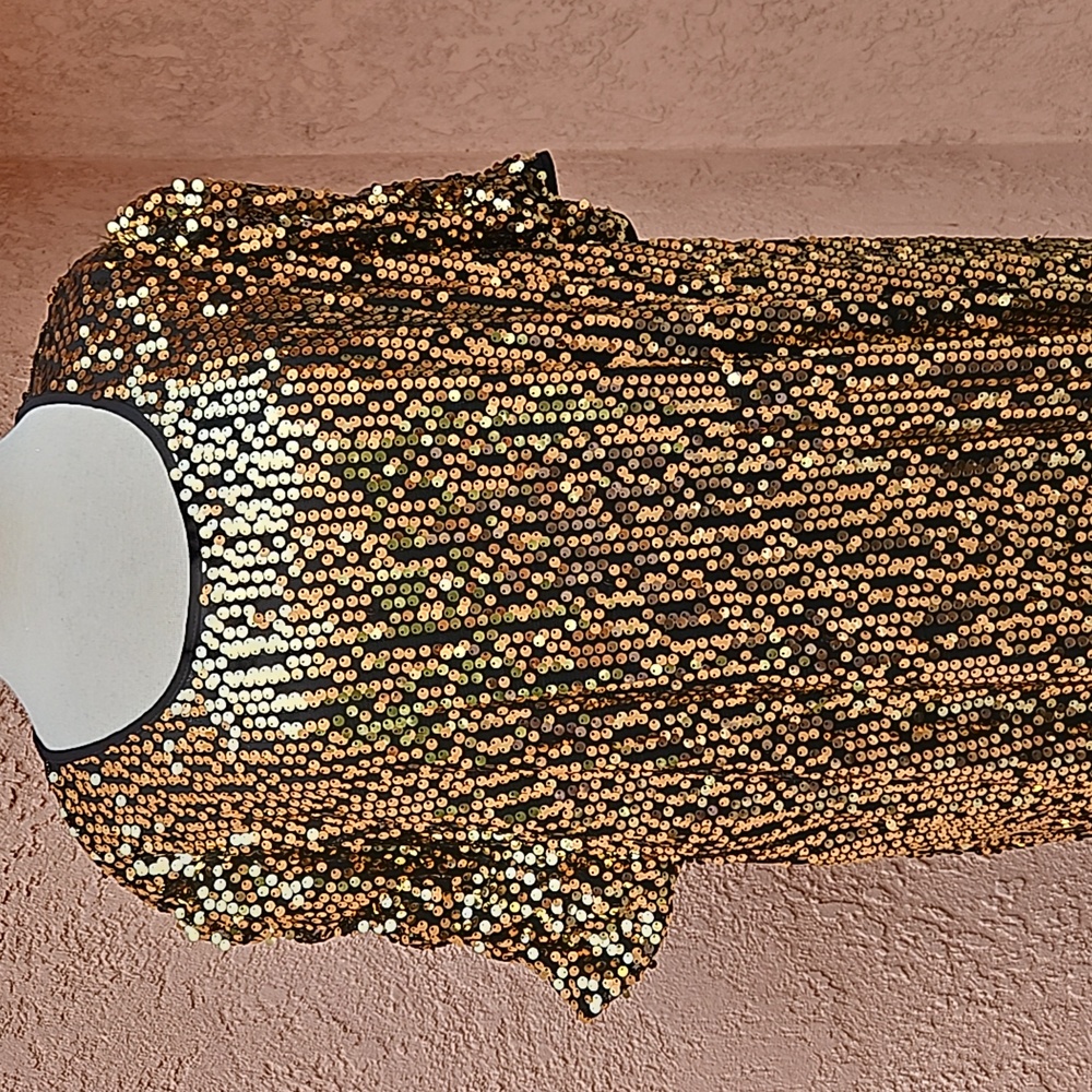 Gold sequined cocktail formal shift dress short sleeves size 2X - Picture 3 of 14